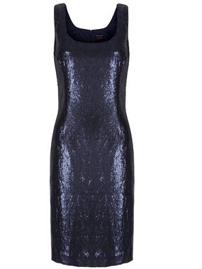 NWOT- Banana Republic L'Wren Scott midnight blue Sequin Midi Sheath Dress size 8